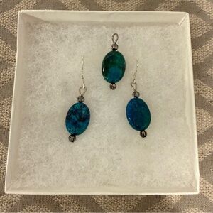 Blue Green Chrysocolla Stone Earrings & Matching Pendant in Sterling Silver